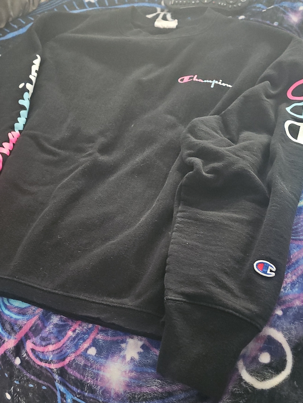 Champion Black Crewneck Sweatshirt with Pink & Blue Logo Accents